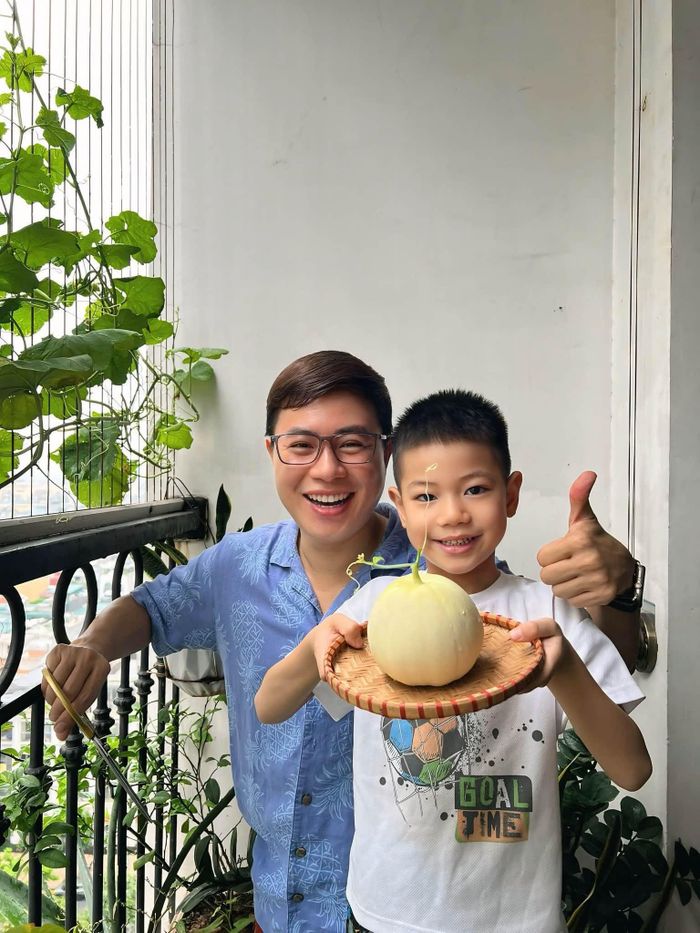 MC Lê Anh cùng con trai thu hoạch dưa tại ban công nhà. 