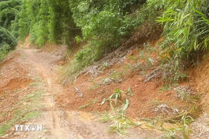 Một điểm sạt lở mới trên tuyến đường Xốp Kho-Na Ngân với lượng lớn đất và cây rừng từ vách taluy dương sụt trượt xuống mặt đường, gây cản trở giao thông. (Ảnh: Xuân Tiến/TTXVN)