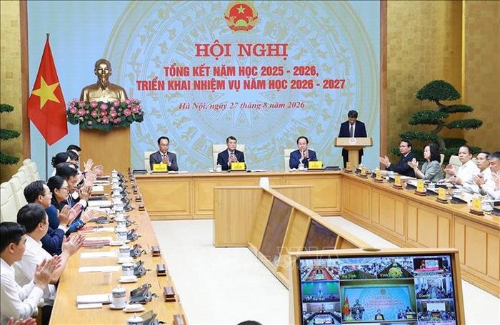 Thủ tướng Lê Minh Hưng dự Hội nghị tổng kết năm học 2025-2026 và triển khai năm học 2026-2027. Ảnh: Dương Giang/TTXVN