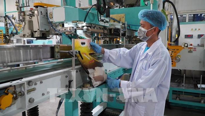Đóng gói sản phẩm tại Công ty TNHH lúa gạo Việt Nam (xã Trường Xuân, tỉnh Đồng Tháp). Ảnh: Nhựt An - TTXVN