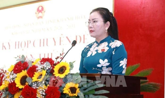 Phó Chủ tịch HĐND tỉnh Khánh Hòa Phạm Thị Xuân Trang phát biểu. Ảnh: Xuân Triệu - TTXVN