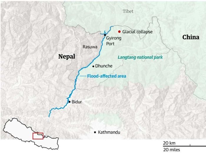 Đồ họa của the Guardian về vị trí sập sông băng (chấm đỏ). Nguồn: The Humanitarian Data Exchange