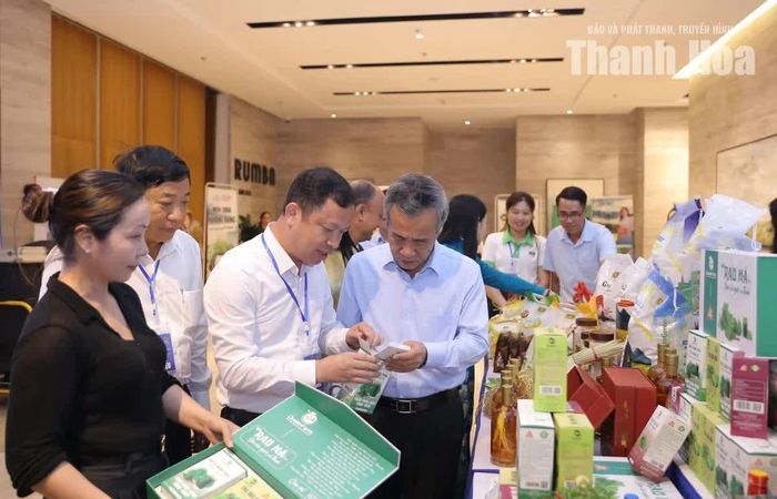 Bí thư Tỉnh ủy Lê Đức Thái cùng các đại biểu tham quan, tìm hiểu sản phẩm tiêu biểu được trưng bày tại gian hàng.