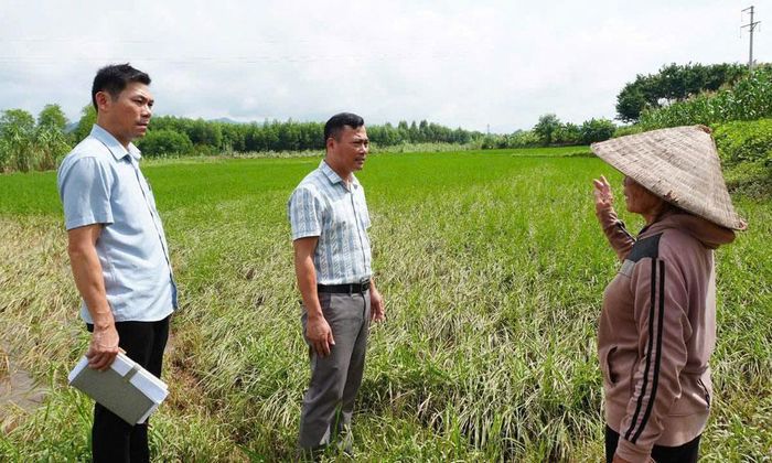 Đồng chí Ngọc Đức Văn, Phó Chủ tịch UBND xã Sơn Động (đứng giữa) kiểm tra, đánh giá mức độ thiệt hại sau mưa lũ.