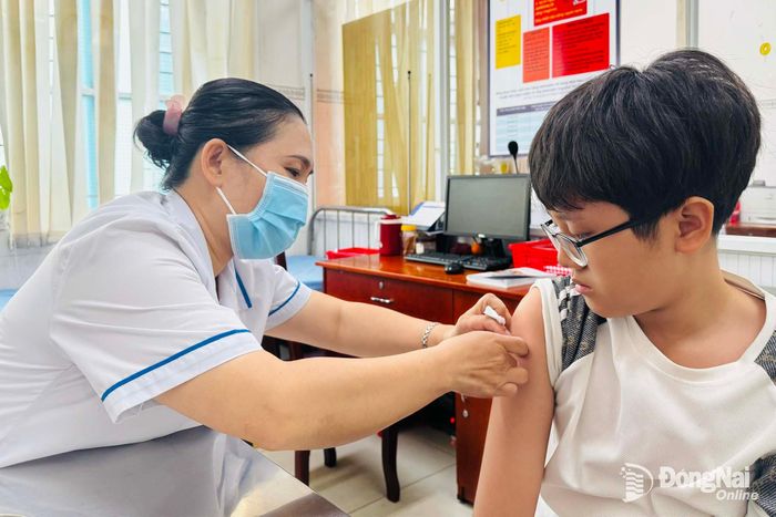 Nhân viên Trung tâm Kiểm soát bệnh tật thành phố Đồng Nai tiêm vaccine phòng bệnh sốt xuất huyết cho trẻ em.