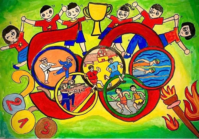 Tác phẩm của Thiên An khắc họa không khí sôi động của ngày hội Olympic với hình ảnh các vận động viên tranh tài ở nhiều môn thể thao như bắn súng, điền kinh, bơi, võ thuật, bóng đá; cùng ngọn đuốc Olympic, cúp vàng, huy chương và các em nhỏ khoác áo cờ đỏ sao vàng cổ vũ. Ảnh: NVCC