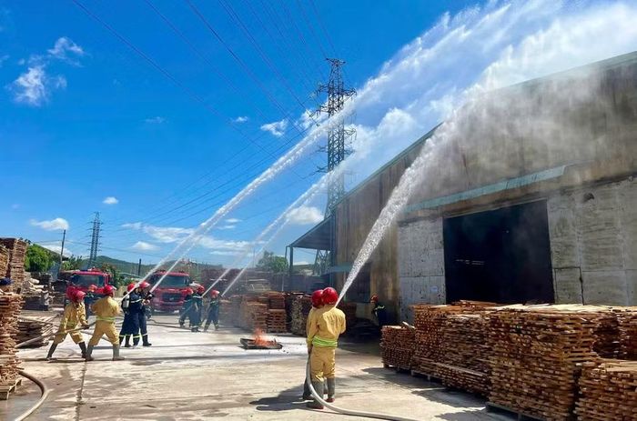  Lực lượng chữa cháy cơ sở và chuyên nghiệp thực hành chữa cháy tại Công ty CP chế biến gỗ nội thất Thành Tâm (KCN Phú Tài, phường Quy Nhơn Bắc). Ảnh: N.L 