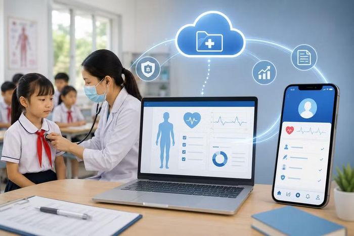 Dữ liệu sức khỏe của học sinh sẽ được cập nhật để tạo lập sổ sức khỏe điện tử. Ảnh minh họa: AI