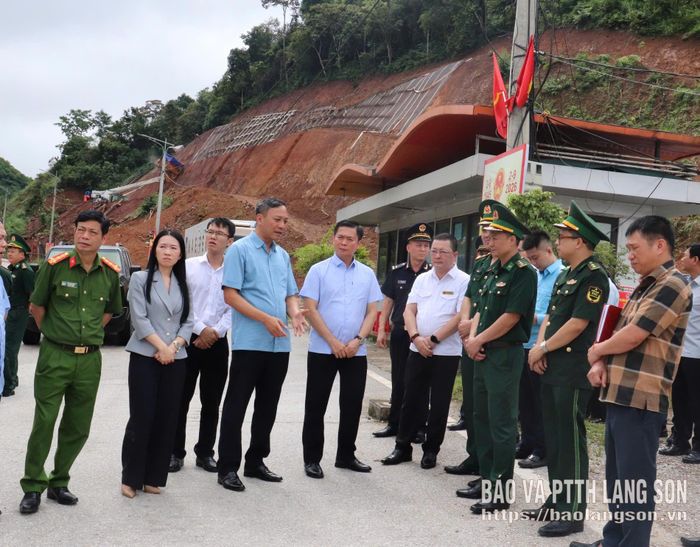 Đồng chí Đinh Hữu Học, Ủy viên Ban Thường vụ Tỉnh ủy, Phó Chủ tịch Thường trực UBND tỉnh và các thành viên đoàn công tác kiểm tra hoạt động xuất nhập khẩu tại khu vực cửa khẩu Tân Thanh