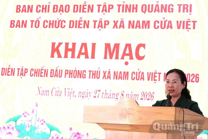 Đồng chí Phạm Thị Hân, Phó Chủ tịch Thường trực HĐND tỉnh, Phó trưởng Ban Tổ chức diễn tập tỉnh phát biểu chỉ đạo tại cuộc diễn tập - Ảnh: H.T