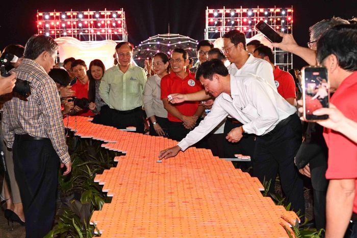 Các đồng chí lãnh đạo tỉnh, doanh nghiệp tham gia ghép mô hình Cờ Tổ quốc.