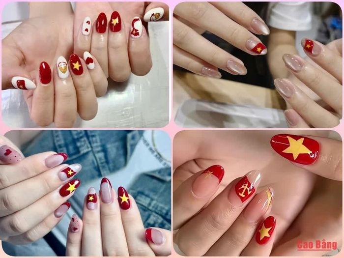 Các mẫu nail mang sắc đỏ, vàng được thiết kế đa dạng.