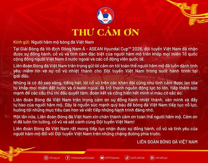 Thư cảm ơn của Liên đoàn Bóng đá Việt Nam tới người hâm mộ