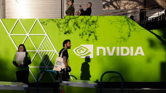 Ảnh biển hiệu Nvidia tại Hội nghị GTC của Nvidia vào ngày 16/3/2026 tại San Jose, California. Ảnh: Getty.