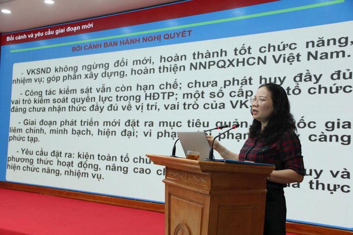 Tiến sĩ Hoàng Thị Quỳnh Chi, Kiểm sát viên Viện Kiểm sát nhân dân tối cao thông tin tại hội nghị. Ảnh: Lê Phương