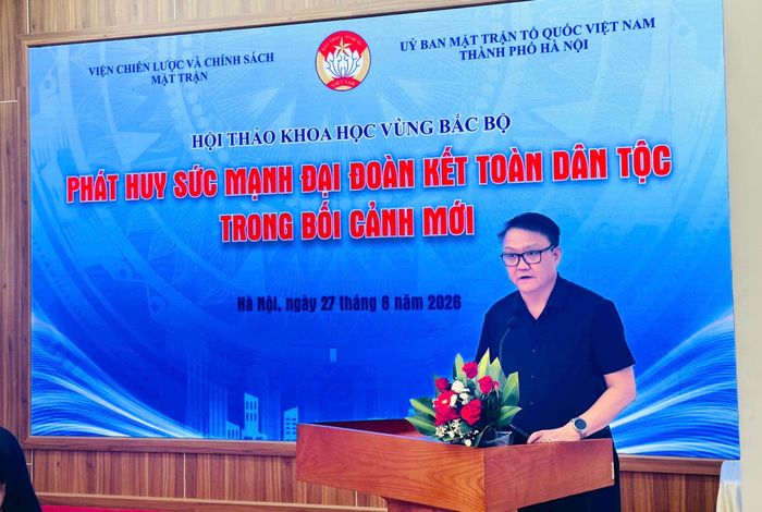 Viện trưởng Viện Chiến lược và Chính sách Mặt trận Lê Cao Thắng phát biểu. Ảnh: Bảo Lâm