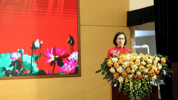 Đồng chí Nguyễn Thị Ngọc Hà - Phó Bí thư Thường trực Đảng uỷ, Chủ tịch HĐND xã Quang Minh phát biểu tại buổi lễ. Ảnh: PV