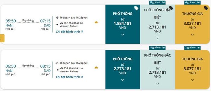 Giá vé ngày 28/8 chặng Hà Nội - Đà Nẵng của hãng Vietnam Airlines. Ảnh chụp màn hình.