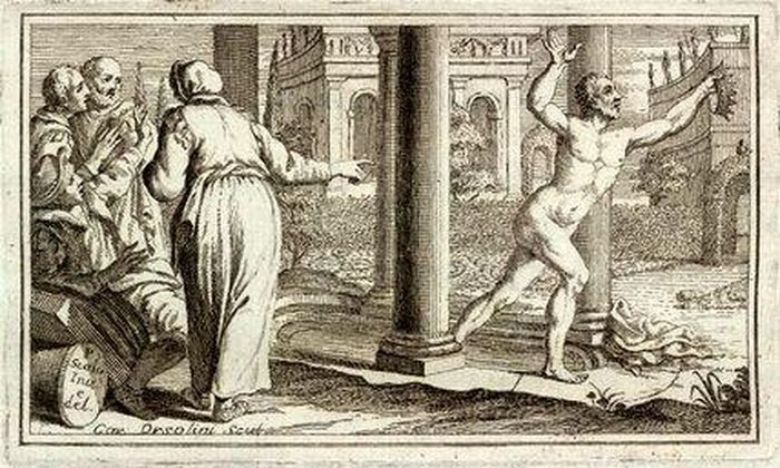 Bức tranh vẽ lại khoảnh khắc Archimedes chạy về nhà và hét lên "Eureka". Ảnh: Pietro Scalvini, Carlo Orsolini.