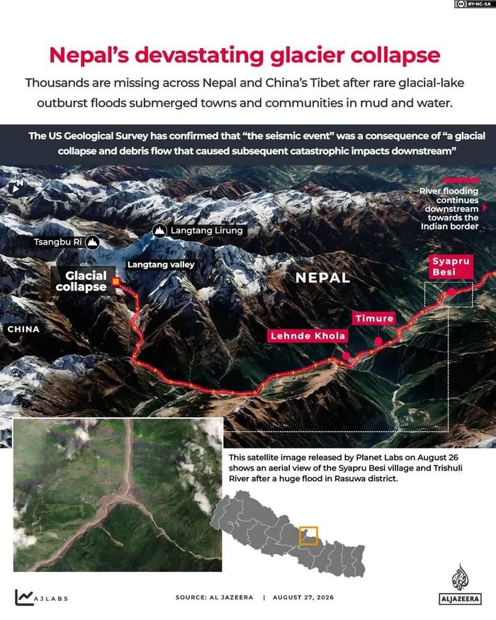  Theo Cơ quan Khảo sát Địa chất Mỹ (USGS), sức mạnh của vụ lở đất này khủng khiếp đến mức đã tạo ra một chấn động địa chấn tương đương với một trận động đất mạnh 5,2 độ richter. Ảnh: Al Jazeera. 