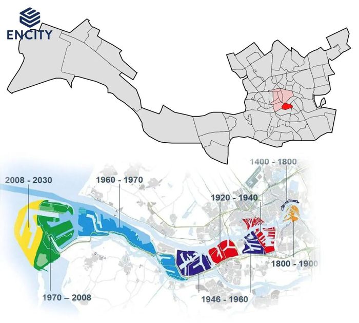 Thành phố Rotterdam, bắt đầu từ khu vực màu đỏ, có địa giới được điều chỉnh kéo dài ra tới biển để nắm thế "độc quyền" về hải cảng.