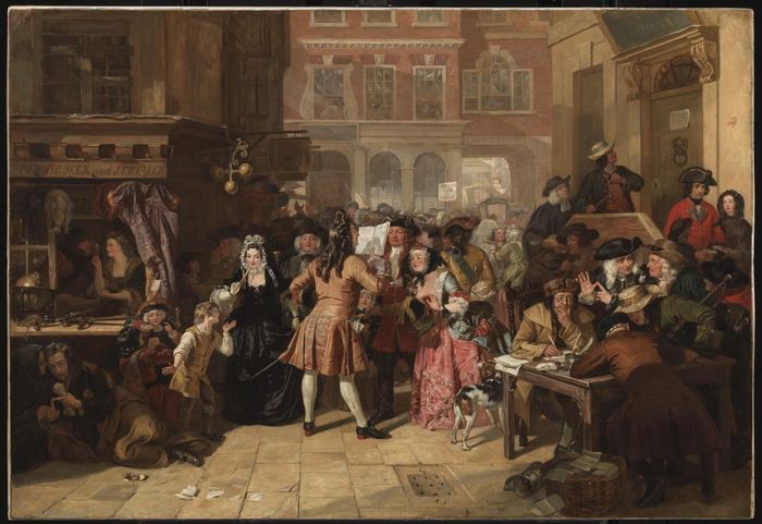 Tranh mô tả sự hỗn loạn mua bán cổ phiếu Biển Nam. Ảnh: Economic History Society.