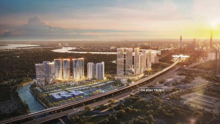 Phối cảnh dự án Palm City và Ga Bình Trưng nằm ở phía trước. (Ảnh: Hướng Việt Properties).
