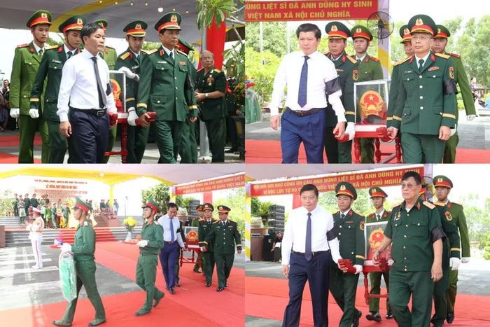 Lãnh đạo tỉnh Quảng Trị và các lực lượng di chuyển hài cốt liệt sĩ đến nơi an táng.
