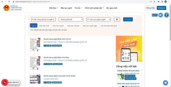 Phần trang dành riêng cho hỗ trợ việc làm người khuyết tật.