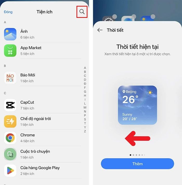 Khi danh sách widget xuất hiện, bạn có thể nhấn Tìm.