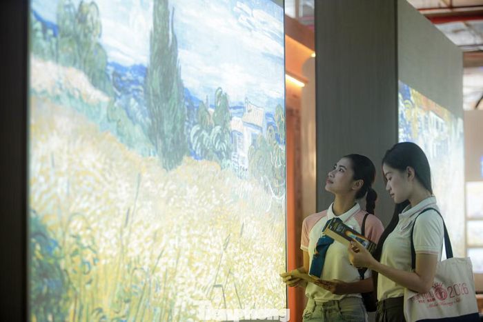 Các nét cọ đặc trưng của Van Gogh được phóng đại, chuyển động và lan tỏa trên nhiều bề mặt trong không gian triển lãm.