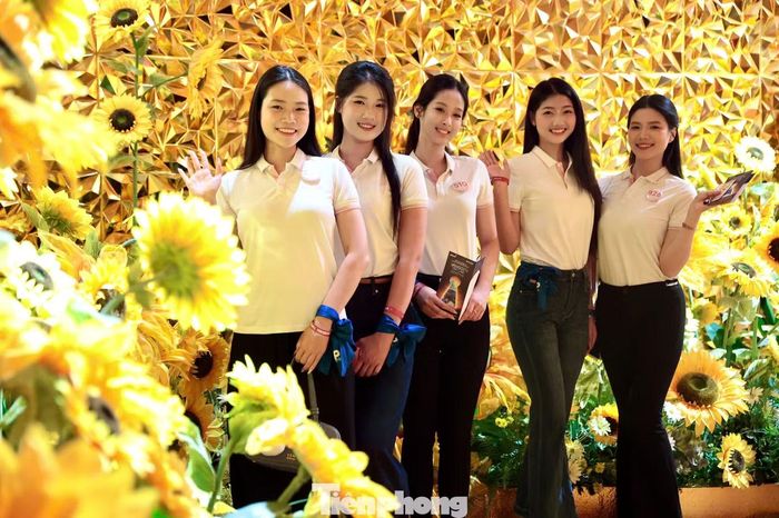 Thí sinh rạng rỡ giữa cánh đồng hướng dương. Điều khiến các cô gái thấy thú vị là không chỉ đứng trước tác phẩm mà có thể di chuyển trong không gian được bao phủ bởi màu sắc, hình ảnh và âm thanh.