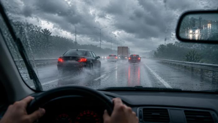 Gặp mưa lớn trên cao tốc, người lái cần chủ động giảm tốc, tăng khoảng cách và tập trung quan sát (Ảnh minh họa).