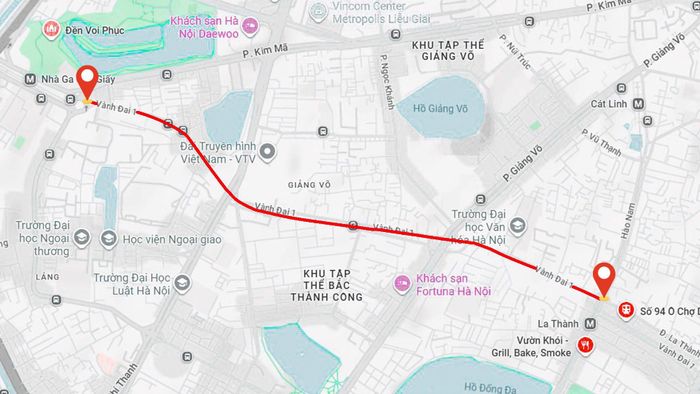 Vị trí tuyến đường Vành đai 1 Hoàng Cầu - Voi Phục. Ảnh: Google maps