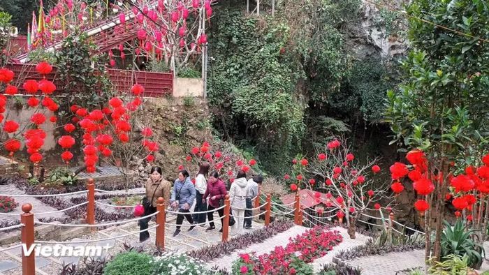 Du khách tham quan Suối cá thần, trong khuôn viên Đền Thượng Bồng Lai dưới chân núi Đầu Rồng. (Ảnh Thúy Hằng/Vietnam+)