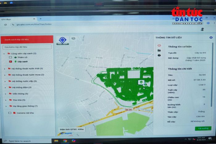 Màn hình hiển thị dữ liệu cây xanh trên nền tảng GIS tại QTSC.
