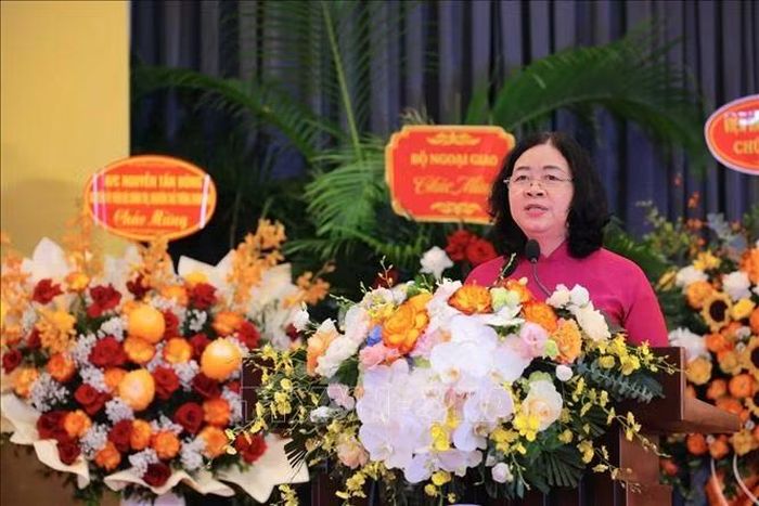 Ủy viên Bộ Chính trị, Bí thư Trung ương Đảng, Chủ tịch Uỷ ban Trung ương Mặt trận Tổ quốc Việt Nam Bùi Thị Minh Hoài phát biểu chỉ đạo Đại hội. Ảnh: Hoàng Hiếu/TTXVN
