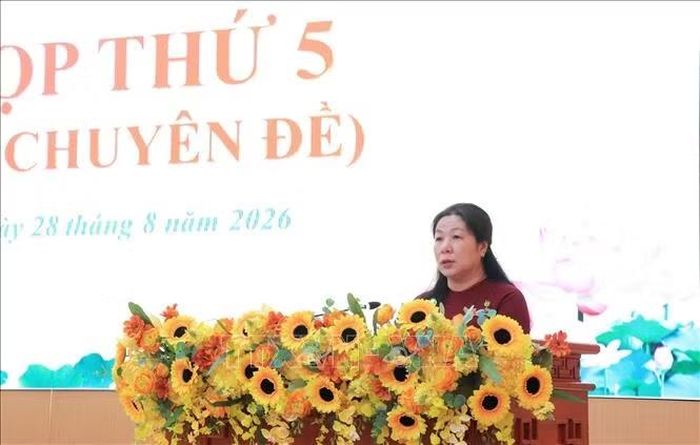 Bà Lê Hồng Thắm, Phó Chủ tịch Thường trực HĐND tỉnh An Giang, phát biểu tại kỳ họp.
