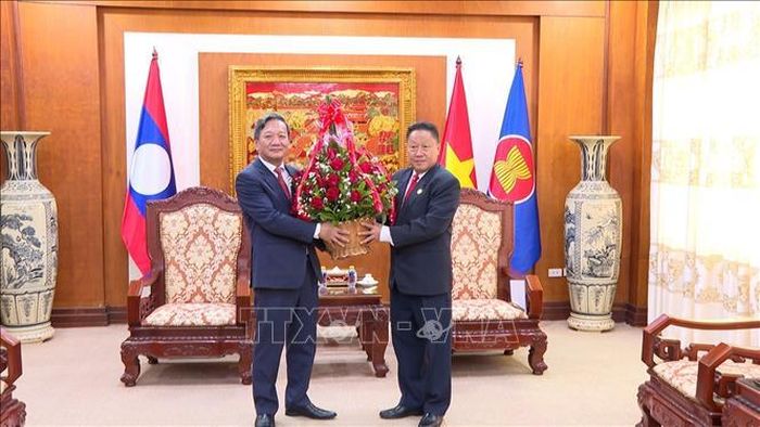 Đoàn Mặt trận Lào xây dựng đất nước do đồng chí Laopaoxong Navongxay, Ủy viên Trung ương Đảng, Phó Chủ tịch Mặt trận làm Trưởng đoàn đến chúc mừng. Ảnh: Xuân Tú/TTXVN