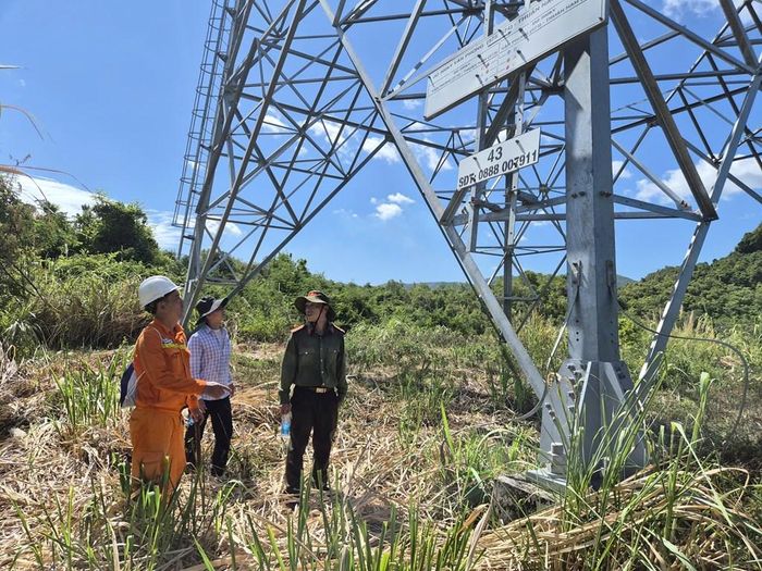 TTĐ Khánh Hòa phối hợp Phòng PA04 kiểm tra an ninh đường dây 500kV Vân Phong - Thuận Nam. Ảnh: PTC3