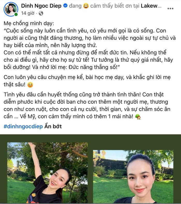 Đinh Ngọc Diệp chia sẻ về mẹ chồng. Ảnh: Chụp màn hình FBNV