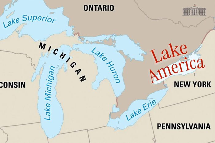 Bản đồ hồ Ontario ở biên giới Mỹ-Canada, sau khi Tổng thống Mỹ Donald Trump tuyên bố đổi tên hồ thành “hồ America”. Ảnh: Geo news.