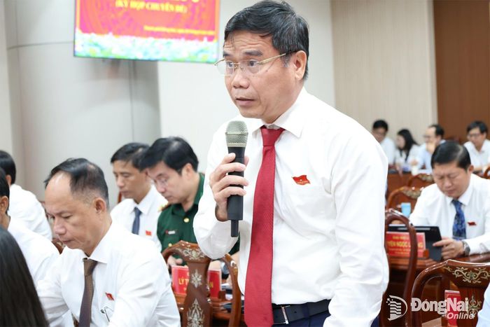 Đại biểu Nguyễn Thế Phong, Thành ủy viên, Bí thư Đảng ủy, Chủ tịch HĐND xã Đại Phước phát biểu thảo luận. Ảnh: Hồ Thảo