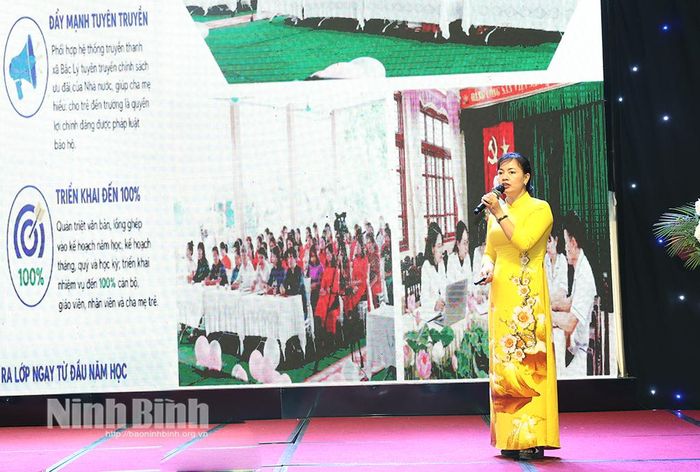 Hiệu trưởng Trường Mầm non xã Bắc Lý phát biểu tham luận tại hội nghị.