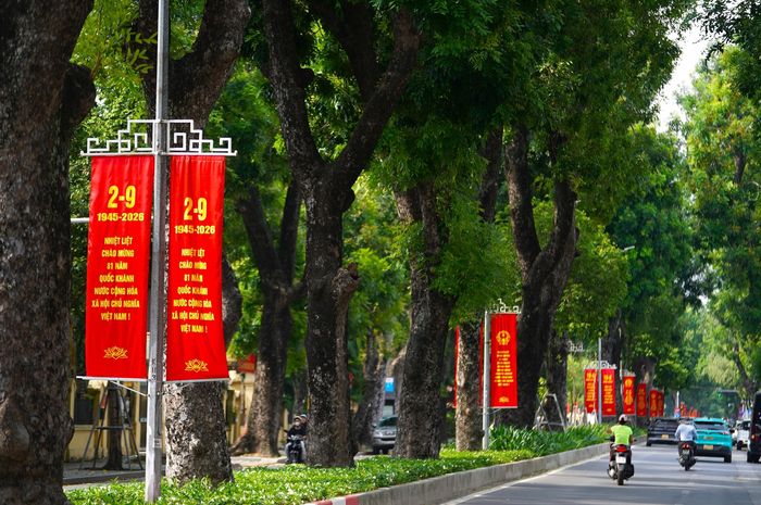 Khung cảnh ngập tràn sắc cờ hoa rực rỡ tại ngã tư phố Hoàng Diệu - Lê Hồng Phong trong những ngày hướng tới Tết Độc lập.