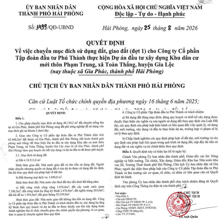 Quyết định số 3439/QĐ-UBND do ông Lê Anh Quân, Phó Chủ tịch UBND TP Hải Phòng ký ngày 25/8/2026