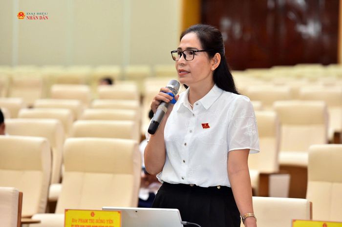 Đại biểu Phạm Thị Hồng Yên tham gia ý kiến vào các dự thảo nghị quyết. Ảnh: Trọng Hiếu