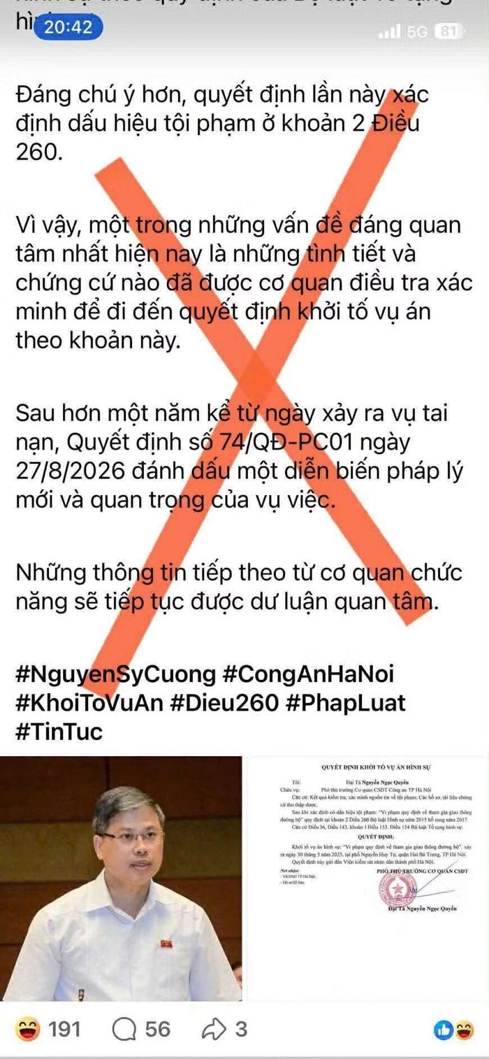 Văn bản giả mạo Quyết định khởi tố vụ án của Cơ quan Cảnh sát điều tra, Công an TP Hà Nội xuất hiện và lan truyền trên một số trang mạng xã hội.