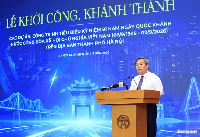 Chủ tịch UBND thành phố Hà Nội Vũ Đại Thắng phát biểu tại buổi lễ. Ảnh: Viết Thành