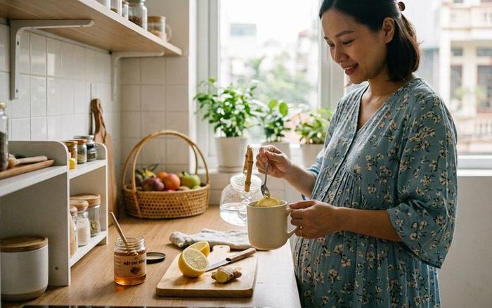 Phụ nữ mang thai có thể uống nước chanh gừng với lượng vừa phải và không nên lạm dụng. Ảnh minh họa AI